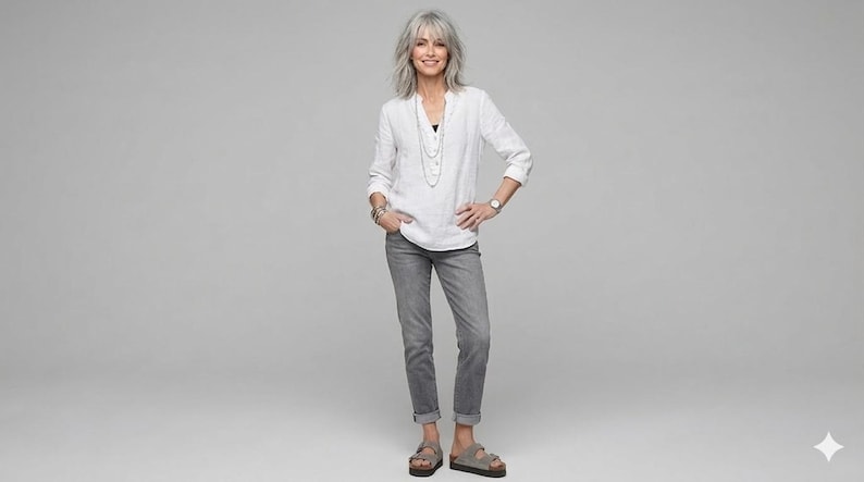 May include: A woman wearing a white long-sleeve shirt, gray jeans, and sandals. The shirt has a v-neck and is partially unbuttoned. The jeans are cuffed at the ankles. She is wearing a watch and jewelry.