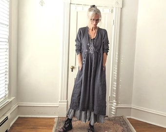 In-Stock Charcoal Linen "Tuscan" Dress Wrap Dress -Handcrafted Breathe Clothing USA