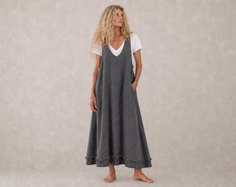 Custom Apron 'ZOE' Linen Raw Edge Dress /  Handmade - Breathe Clothing USA
