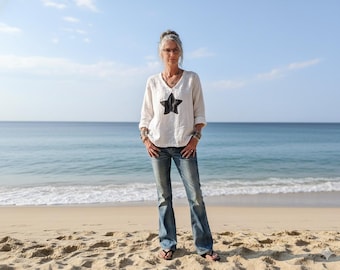 New - Linen Top / Embellished (Star, Heart, Swiss Cross) Tunic Shirt / Custom Handmade - Breathe Clothing