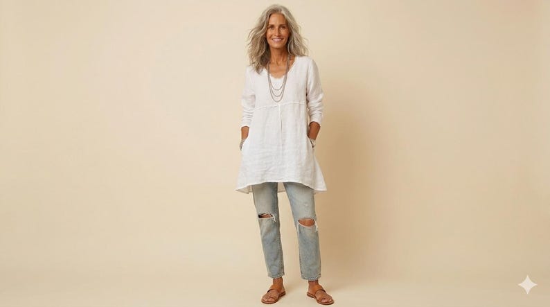 May include: A woman wearing a white tunic top with a V-neck and long sleeves, paired with light-wash, distressed jeans. The outfit is accessorized with a layered necklace and sandals. The background is a solid beige color.