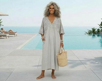 New - Linen Caftan Dress / Embroidered Beach Cover-Up / Made in Italy - Breathe Clothing USA