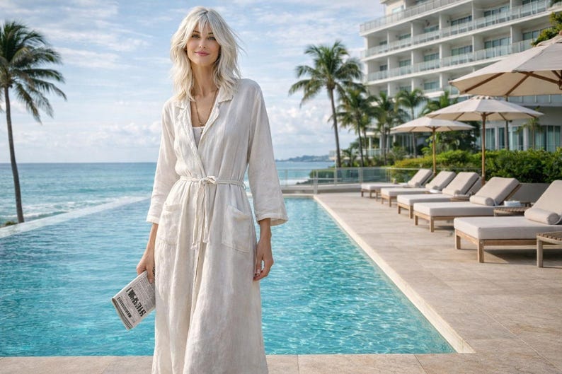 K&ouml;nnte beinhalten: Eine Frau in einem cremefarbenen Leinenmantel steht an einem Pool mit Meerblick. Der Mantel hat eine Bindetaille und Taschen. Palmen und ein Resortgeb&auml;ude sind im Hintergrund. Sie h&auml;lt eine Zeitung.