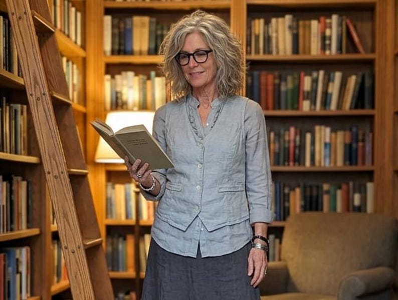 May include: A woman in a light blue vest and gray skirt stands in a library, holding an open book. Wooden bookshelves filled with books and a wooden ladder are in the background. A lamp provides soft lighting.