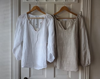 NEW - 100% Linen Blouse / "Canary" Embroidered Top / White or Natural / by Breathe Clothing USA