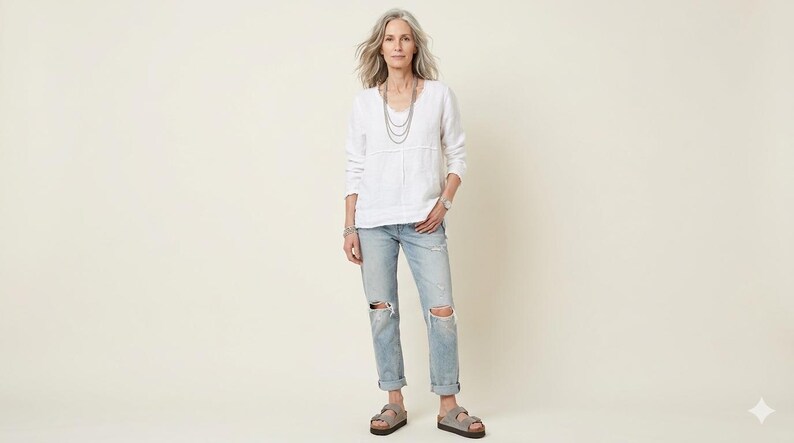 May include: A woman wearing a white long-sleeved top, light blue ripped jeans, and sandals. She is also wearing a silver necklace and a watch. The outfit is casual and comfortable.