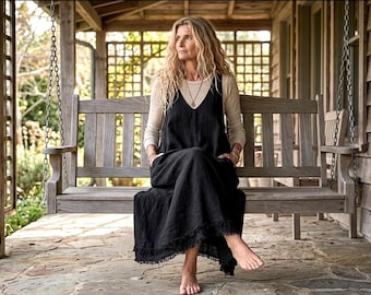 NEW - Handmade Raw Edge Linen Apron 'ZOE' Dress /  Made by Hand - Breathe Clothing USA