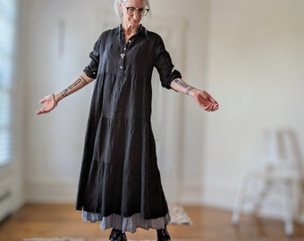 NEW - Black Linen "Willa" Dress / Long Tiered Dress / by Breathe Clothing USA