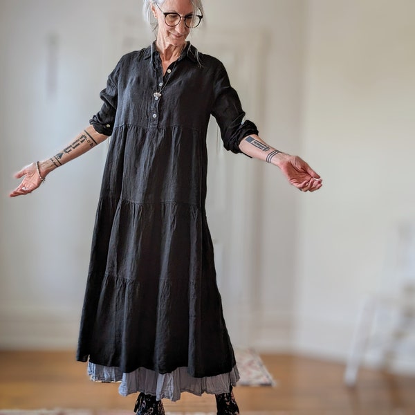 NEW - Black Linen "Willa" Dress / Long Tiered Dress / by Breathe Clothing USA