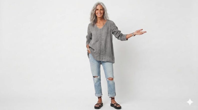 May include: A woman wearing a gray linen top with a V-neck and long sleeves, paired with light blue ripped jeans and black sandals. The outfit is casual and comfortable, suitable for everyday wear.