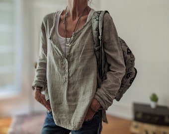 Winslow Linen Tunic Shirt – Earth Tone, Raw Edge, Henley Style, Handmade