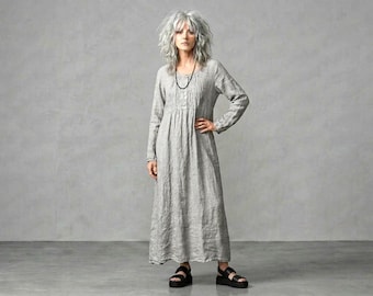 New - Women's Handmade Linen 'Michèle' Pleated-Bodice Dress / Artisan Bespoke Clothing  / - Breathe Clothing