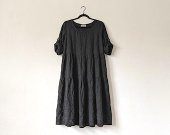 Tiered Dresses: Black Linen 'Garden' Dress - Breathe Clothing