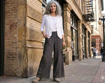 New - Linen Pants / "Hughes" Embroidered Detail Palazzo Pants / by Breathe Clothing