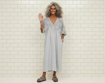 New - Linen Caftan Dress / Lounge Beach Cover-Up / Made in Italy - Breathe Clothing USA