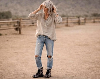 Winslow Linen Tunic Shirt – Earth Tone, Raw Edge, Henley Style, Handmade