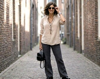 New - Linen Shirt / "Bach" Ruffle Placket Shirt / 5 Earth Tone Colors / by Breathe Clothing