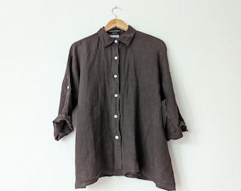 SALE - Earth Brown Boxy Linen Shirt / 100% Linen "Cottage" Shirt / Handmade in Italy / Breathe Clothing USA
