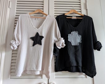 New - Cotton Top / Embellished (Star, Heart, Swiss Cross) Tunic Shirt / Custom Handmade - Breathe Clothing