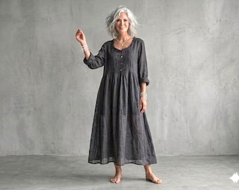 New - Women's Handmade Linen 'Michèle' Pleated-Bodice Dress / Artisan Bespoke Clothing  / - Breathe Clothing