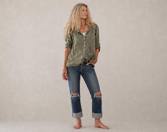 Winslow Linen Tunic Shirt – Earth Tone, Raw Edge, Henley Style, Handmade