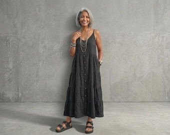 New - Linen Dress / "Savannah" Sundress / Black or Paprika / Spaghetti Strap Dresses / by Breathe Clothing