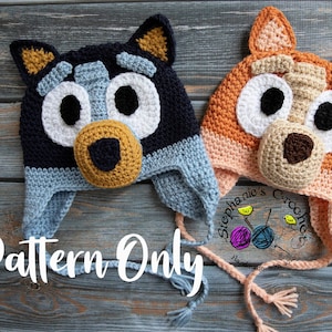 Crochet PATTERN, Multiple sizes, Blue heeler and red heeler puppy, bluey hat, bingo hat, halloween, costume, pattern, hat pattern, kids hat