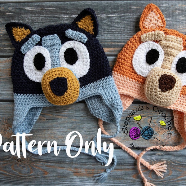 Crochet PATTERN, Multiple sizes, Blue heeler and red heeler puppy, bluey hat, bingo hat, halloween, costume, pattern, hat pattern, kids hat