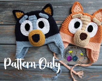 Crochet PATTERN, Multiple sizes, Blue heeler and red heeler puppy, bluey hat, bingo hat, halloween, costume, pattern, hat pattern, kids hat