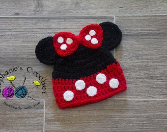 Crochet baby girl Minnie Mouse Hat, Minnie mouse, Minnie hat- Made to Order