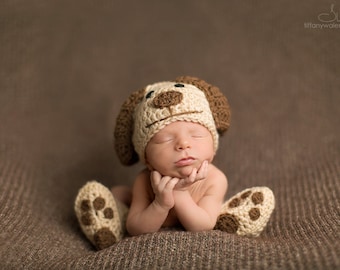 Crochet Newborn baby dog hat booties set crochet Newborn photo props photography boy girl- Made to order