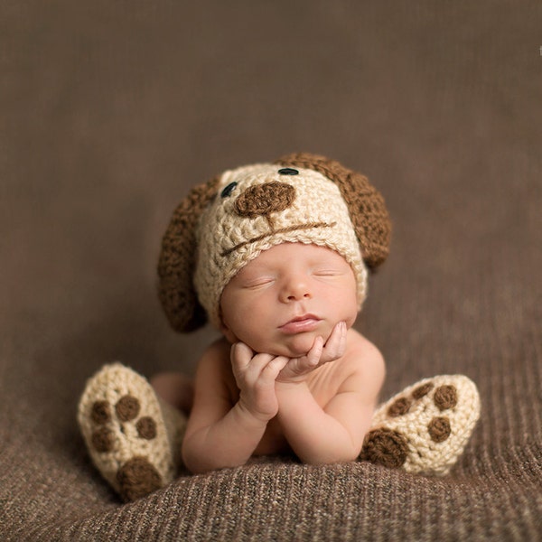 Crochet nouveau-né bébé chien chapeau chaussons ensemble crochet nouveau-né photo accessoires photographie garçon fille-réalisé sur commande