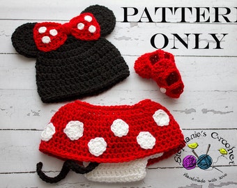 Crochet PATTERN - Newborn to 12 months Minnie Mouse set Photo Prop Set -Instant Download PDF- Photography Prop Pattern