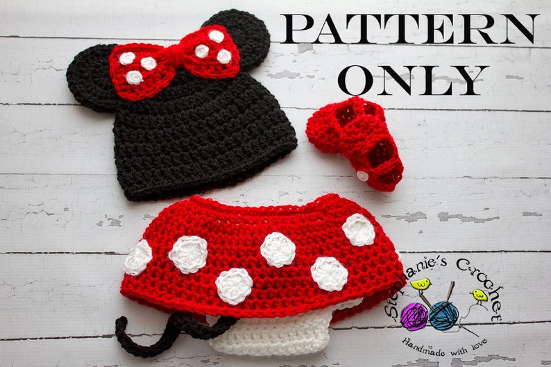 Crochet PATTERN Newborn to 12 months Minnie Mouse set Photo Prop Set Instant Download PDF Photography Prop Pattern image 1