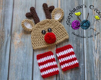 Crochet  baby Reindeer Hat and Leggings set, PHOTO PROP, reindeer hat and leggings, Christmas- MADE to order