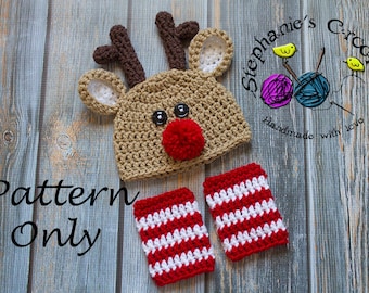 Crochet PATTERN - Newborn to 12 months Reindeer set Photo Prop Set -Instant Download PDF- Photography Prop Pattern