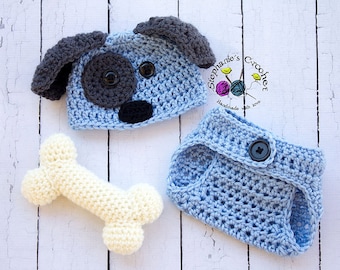 Crochet Newborn baby boy Puppy Hat, Diaper Cover, & Bone, PHOTO PROP, Puppy hat and diaper cover set