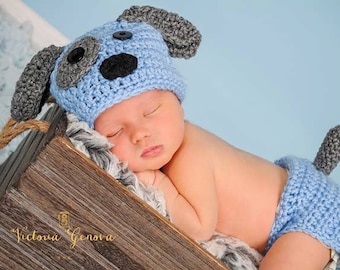Crochet Newborn baby boy Puppy Hat and Diaper Cover, PHOTO PROP, Puppy hat and diaper cover set