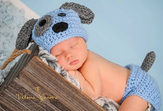 Crochet Newborn Baby Boy Puppy Hat and Diaper Cover, PHOTO PROP