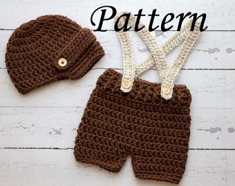 Crochet PATTERN - Newborn Visor hat and suspenders short set Photo Prop Set -Instant Download PDF - Photography Prop Pattern