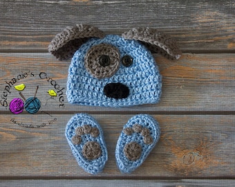 Crochet Newborn baby dog hat booties set crochet Newborn photo props photography boy girl- Made to order