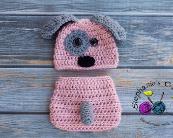 Crochet Newborn baby girl Puppy Hat and Diaper Cover, PHOTO PROP, Puppy hat and diaper cover set