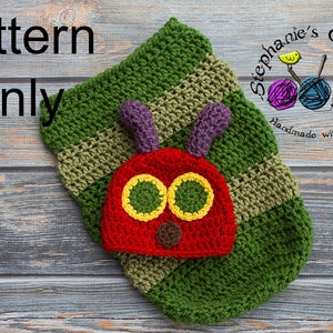 May include: Crochet pattern for a green and brown striped blanket and a red, yellow, and green caterpillar hat. The pattern is called "Stephanie's Crochet" and says "Handmade with love".