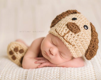 Crochet Newborn baby dog hat booties set crochet Newborn photo props photography boy girl- Made to order