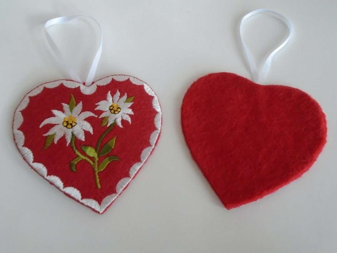 Edelweiss Flowers Heart Embroidered Ornament Fused Felt Red Etsy