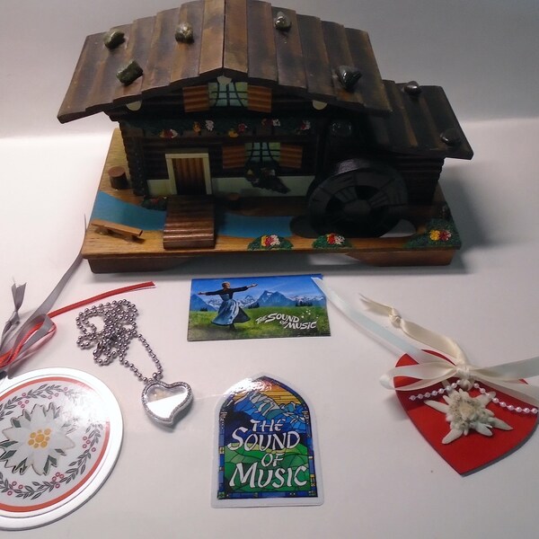 Sound of Music The Lonely Goatherd Music Box Vintage Jewelry Box Chalet Water Wheel+Real Edelweiss Heart Ornament & Necklace+Sticker+GIFTSET