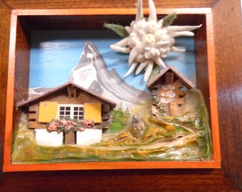 Edelweiss Vintage Wood Music Box w/Alps 3D Inlay Chalets Swiss Made Romance+New Real Edelweiss Blossom Pin Gift Set Sound of Music RARE