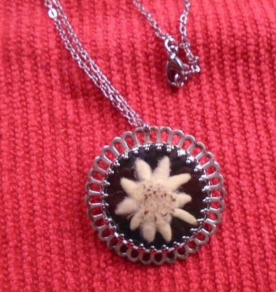 Real Edelweiss Flower Pin necklace Pendant Germany Alps Souvenir Gift Silver tone Ornate Filigree Vintage Oma Mom Gift Gift for Her Etsy
