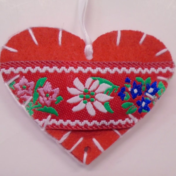 Edelweiss Flowers Hearts Embroidered Felt 3x2.4" Ornament Puffy Gift Love German Sound of Music Alps Switzerland Germany Austria Red White