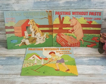 Vintage unused 1940's Pasting without Paste books, lot of three unused vintage sticker books, vintage childrens decor, old children's books